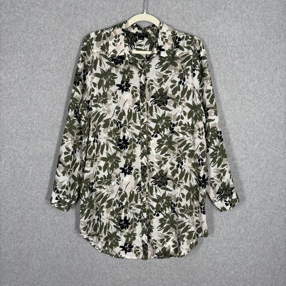 Button Up Tunic Shirt Medium Green Whte Floral Side Snaps Flowy Resort Cruise